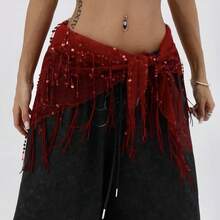 New Jazz Dance Hip Scarf Street Dance Waist Chain Hip Scarf Accessories Sequin Triangle Scarf Tassel Belt Waist Scarf Versatile - 純黑色 - 查看 4