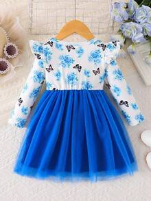 Đầm lưới dài tay họa tiết bướm hoa hồng xanh trắng phong cách công chúa cho bé gái, Xuân/Thu - Màu xanh lam - Xem 2