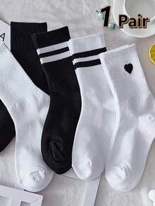 5双装女士休闲中筒袜，条纹、纯色和爱心图案可选。舒适休闲，适合日常穿着、旅行、上学和搭配正装。四季皆宜，是理想的圣诞礼物。 - 多色D - 查看 6