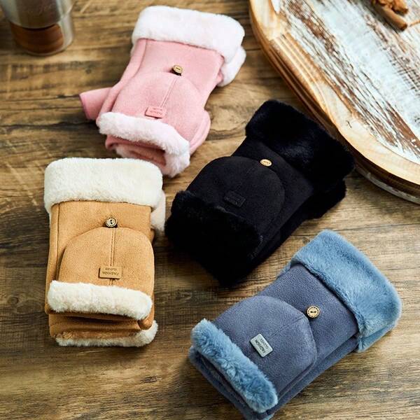Luvas quentes sem dedos, forradas com lã e camurça espessa, com aba dobrável, para mulheres, ideais para outono/inverno, atividades ao ar livre e Natal.