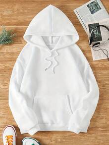 Women's Casual Solid Color Pullover Hoodie, Long Sleeve Round Neck Sweatshirt, Warm Sports American Style Autumn/Winter Jacket - Autumn/Winter New Arrivals: Unisex Casual Loose-Fit Cotton Blend Long-Sleeve Hooded Sweatshirt - 白色 - 查看 7