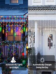 1pc Solar-Powered LED Icicle String Lights - Christmas Icicle Curtain Light Decor With 96LED Droop, Xmas Indoor/ Outdoor Perfect For Holiday Celebrations Christmas Lights (300mAh)