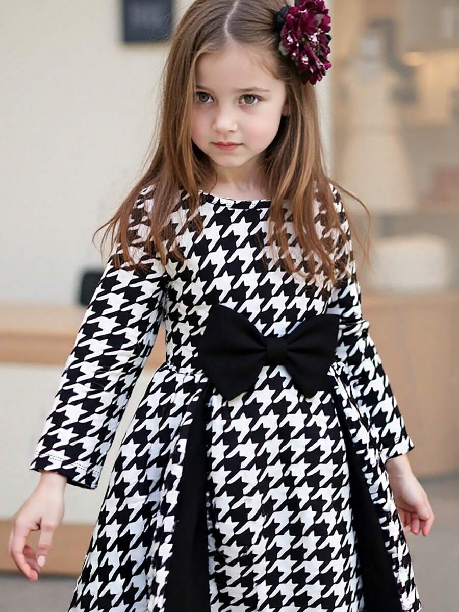 Girls' Autumn Dress, Houndstooth Pattern, French Bow Decor, A-Line Waist Design, Patchwork, Fashion & Cute - Black and White - View 1