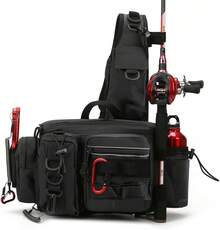 Mochila para aparejos de pesca, bolsa de almacenamiento de equipo de pesca, mochila para pesca con mosca con soporte para caña, mochila de hombro, bolsa de nailon impermeable para hombres - Negro-2 - Ver 2