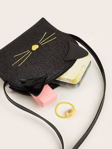 1pc Girls Cute Kitten Pattern Glitter Mini Half-Circle Crossbody Bag, Suitable For Daily Use As Gift - Black - View 6