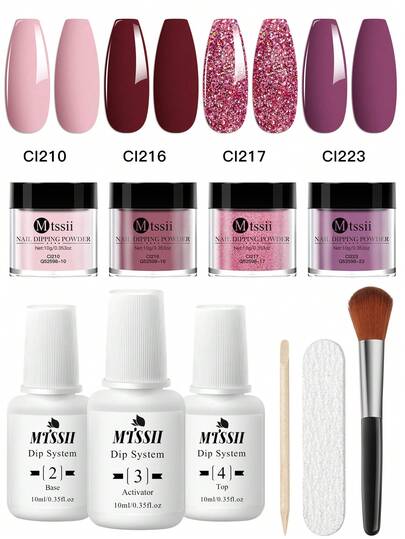 Set de 10 piezas de polvo para uñas de inmersión. Incluye 10ml de polvo acrílico en colores nude, rosa y rojo, polvo cromado, base, top coat, activador y pincel para arte de uñas francesas, manicura y salón. No requiere curado con UV/LED. Regalo DIY.