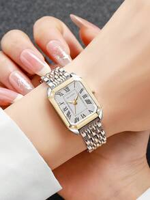 1 Đồng hồ đeo tay thạch anh cổ điển thanh lịch dành cho nữ, mặt vuông có số La Mã, dây đeo bằng thép không gỉ - Nhiều màu - Xem 2