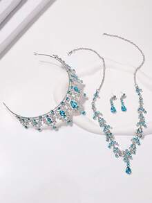 1 Set Bridal Accessories - Red Rhinestone Embellished Crown, Necklace, Earrings (4pcs), Wedding Jewelry Set, Suitable For Wedding Gown, Prom, Party