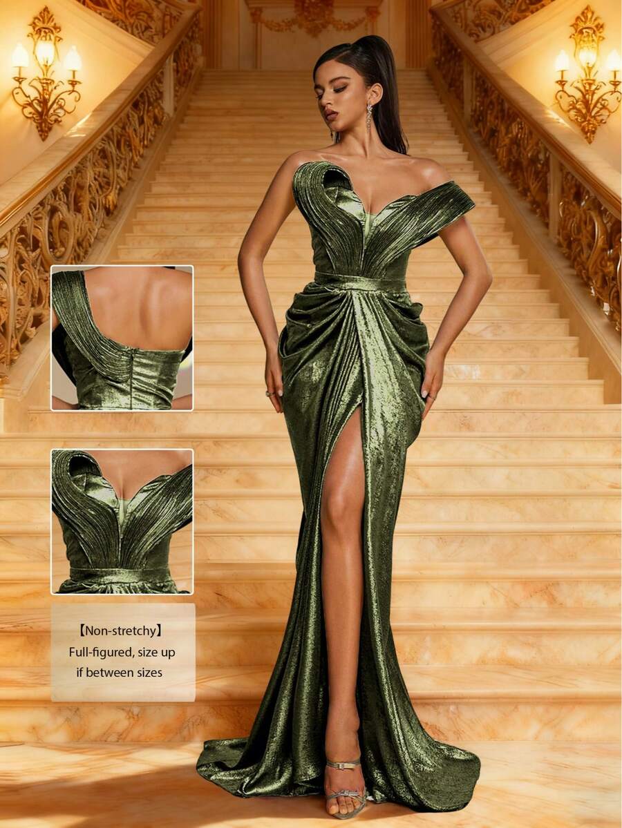 Smilprince 奢华翡翠绿色连衣裙金属不对称领口高开叉长款晚礼服，优雅派对，女士舞会礼服，正式晚礼服，晚礼服，婚礼宾客礼服 - 青檸色 - 查看 1