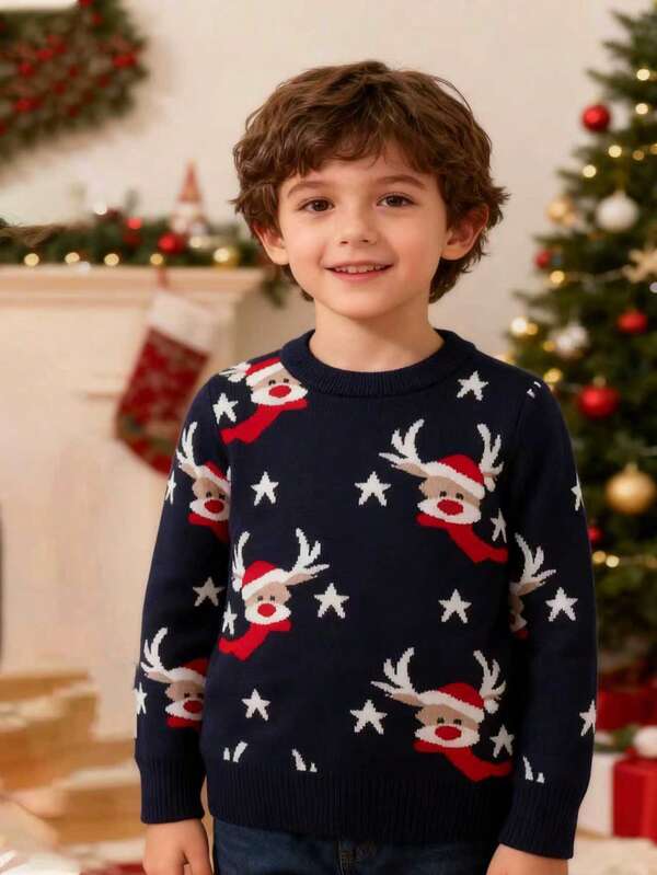 Young Boy Christmas Cartoon Pullover Knitted Sweater