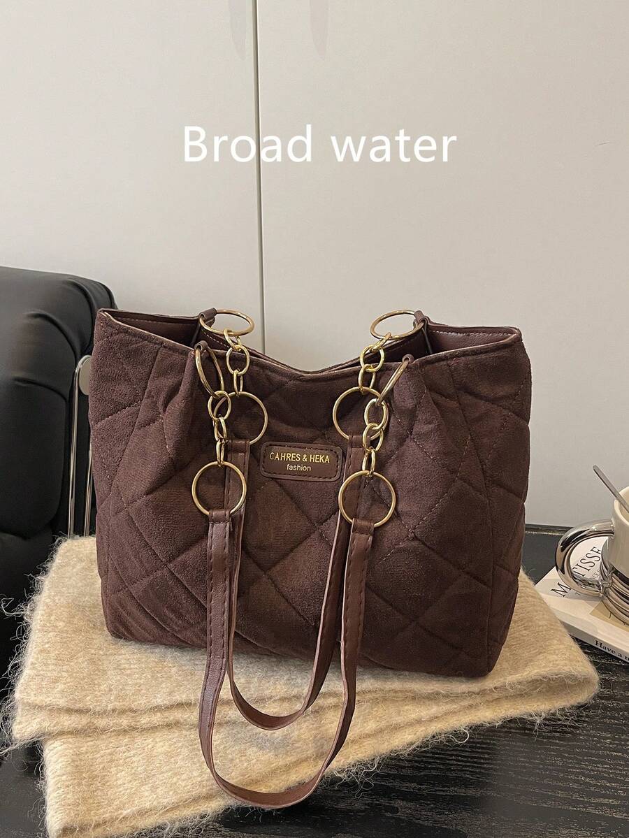 New Vintage Suede Large Tote Bag, Quilted Diamond Pattern, Faux SuedOne Shoulderder, Fashionable Gold Foil Letter Decor, Leather Label, Large Capacity, Chain Shoulder Strap, Crossbody, Dual Top Handle, Casual, Commuter, Retro Style Women Handbag, Autumn/Winter - Coffee - View 1
