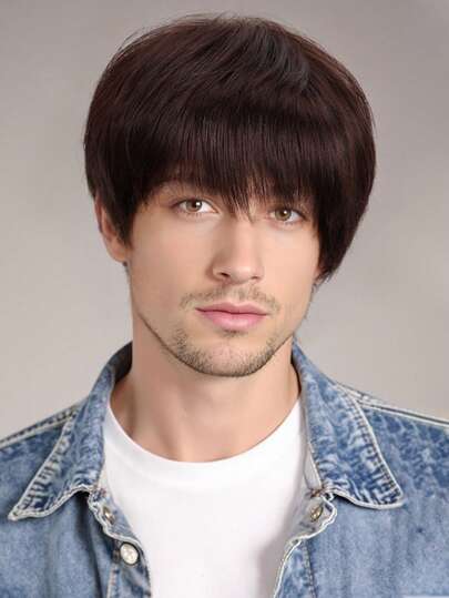 Parrucca corta da uomo di colore marrone, con riga laterale, parrucca sintetica da tutti i giorni con frangia, con cuffia in rete di rose, densità del 150%, perfetta per uso quotidiano, feste di Ognissanti, costumi e cosplay