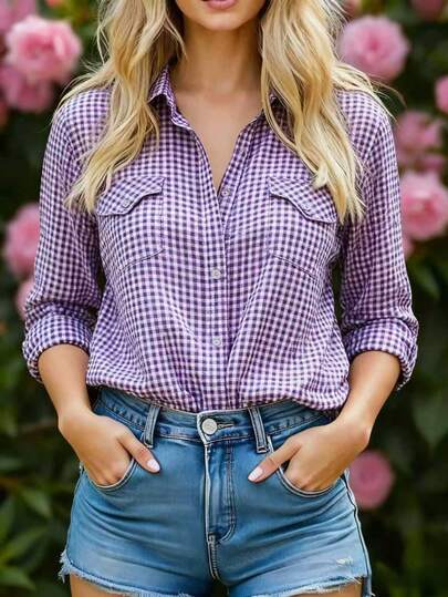 Stylish Women's Purple And White Gingham Check Long Sleeve Shirt With Button Detail And Regular Fit Spring