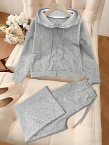 Women's Two Pieces Tracksuit - Zip-Up Hoodie With Pockets + Elastic Waist Sweatpants, Comfortable Loungewear Set