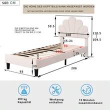 Upholstered Double Bed 140 X 200 Cm, Bed Frame With Flower-Shaped Headboard And Slatted Frame, Adult/Youth Bed In Skin-Friendly Velvet Fabric, Guest Bed Bean Red - Beige - View 6