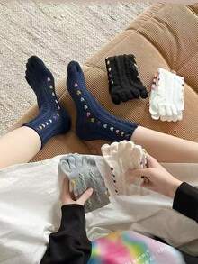 3/5双装女士时尚蕾丝爱心印花五趾过膝袜，透气吸汗，秋冬款式