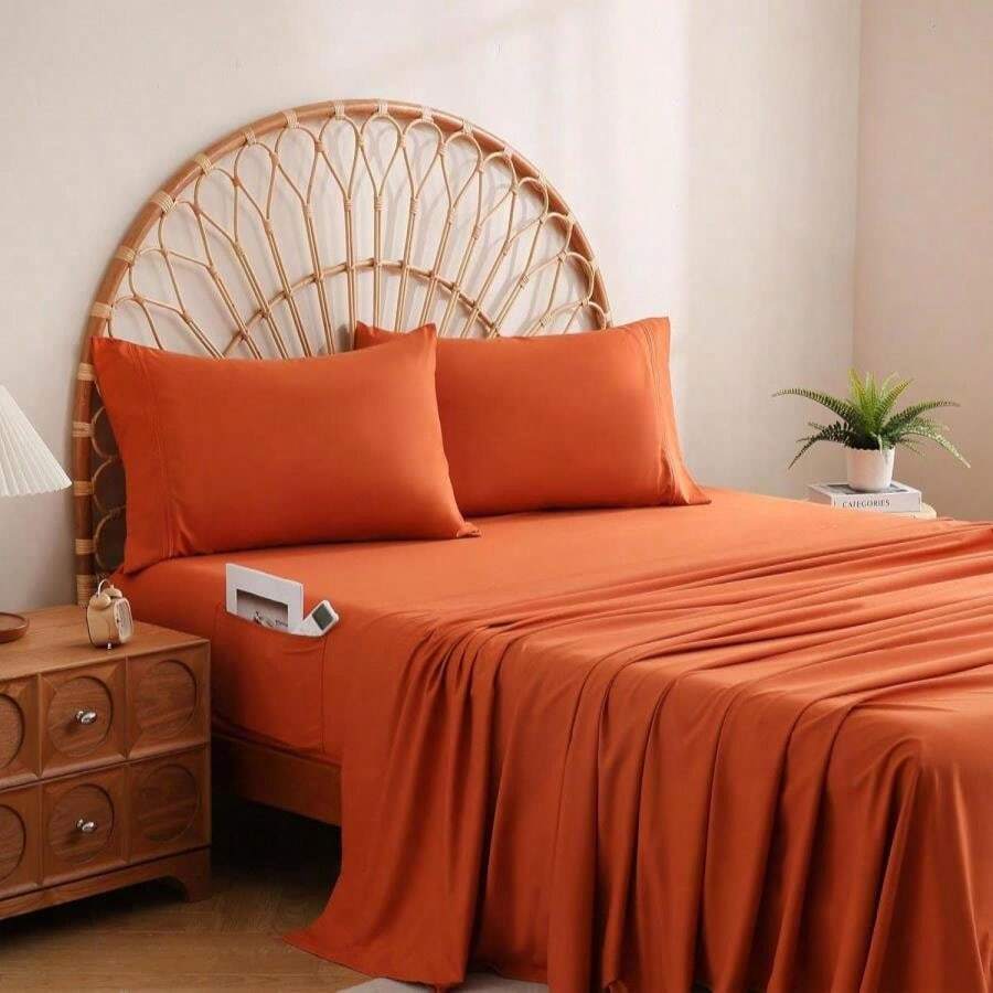 JSD Burnt Orange King Sheet Set With Side Pocket Corner Straps, 4 Piece Soft Microfiber Bed Sheets Extra Deep Pocket - MàuD - Xem 1