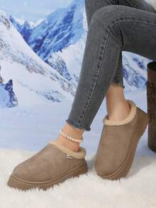 女士冬季及踝休闲鞋，保暖内衬乐福鞋 - 卡其色 - 查看 2