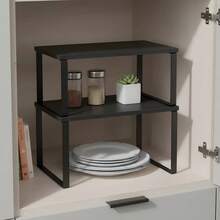 2 estantes de madera para especias, estantes de cocina, apilables, expandibles, para fregadero, despensa y baño - Negro - Ver 12