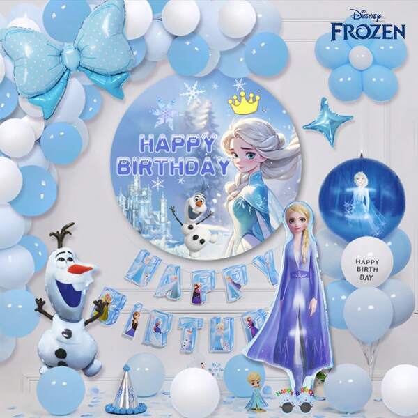 Disney 57PCS Disney Officially Licensed Frozen Elsa Olaf Balloon Set Cute Cartoon Blue White Balloon Garland Decoration Ice Snow Theme Birthday Shower Winter Party Decorations Good Photo Background Wedding Graduation Anniversary Supplies Friends Family Gift