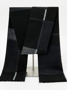 1 件男士绅士风 30*180cm 简约保暖围巾，适合商务、外出、日常搭配，秋冬 - 黑灰格子 - 查看 2