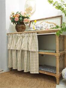 1件装格子图案双层咖啡厅窗帘帘幔 - 米棕色格子图案，双层设计，四季皆宜，亚麻面料，农舍风格短款窗帘，适用于客厅、厨房、浴室窗户装饰 - 米色 - 查看 2