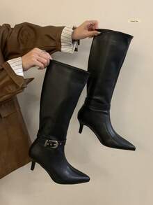 New Women's Thigh High Boots, Over-The-Knee High Shaft Boots, Autumn/Winter, Versatile, Leather Buckle Strap, Pointed Toe, Slim Stiletto High Heels,Kitten Heels