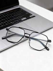 1副男女通用金属双梁大镜框透明镜片多边形眼镜 - 無色 - 查看 3