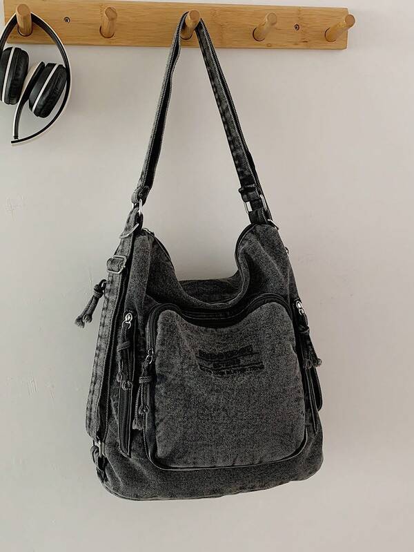 New Fashion Personalized Street Washed Jeans Tote Bag, Multi-Functional Convertible Backpack, Versatile Commuting Large-Capacity Shoulder Bag, Suitable For Commuting, Shopping And Returning To School.