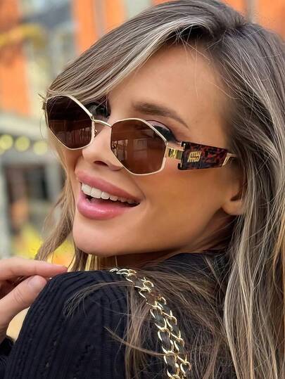 1pc Fashionable Polygon Metal Small Frame Rhombus Fashion Glasses For Women, Street Style