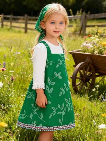 Baby Girls Ditsy Floral Long Sleeve Princess Dress With Scarf, Suitable For Party