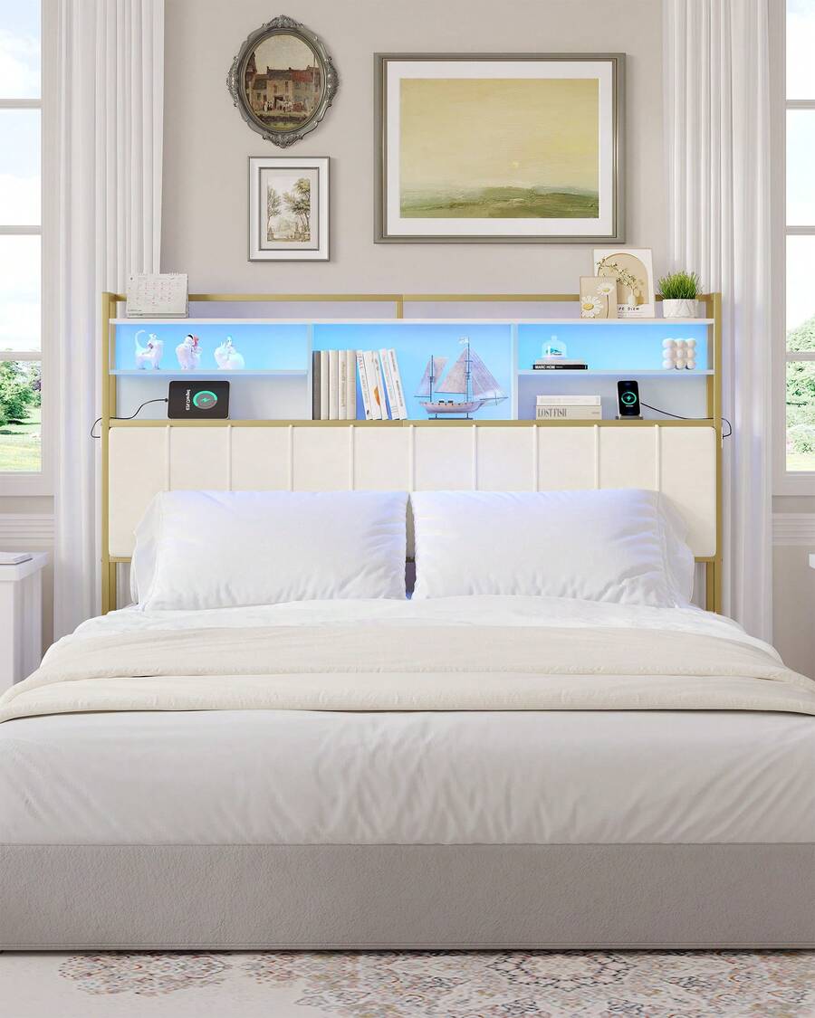HEXCELEN Headboard With 3-Tier Storage Shelves, Velvet Upholstered Head Board With 2 Outlets, USB Ports & LED Light, Soft Backrest For King/Queen/Full Size Bed - Xem 1