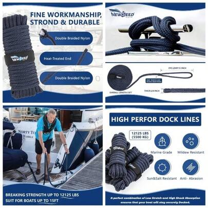 - NEWSEED 4 Pack 58x 15' Dock Lines Double Braided Nylon Boat Rope With 15 Eyelets, Marine Grade Premium Mooring Lines Docking Boat Pontoon, Navy Blue