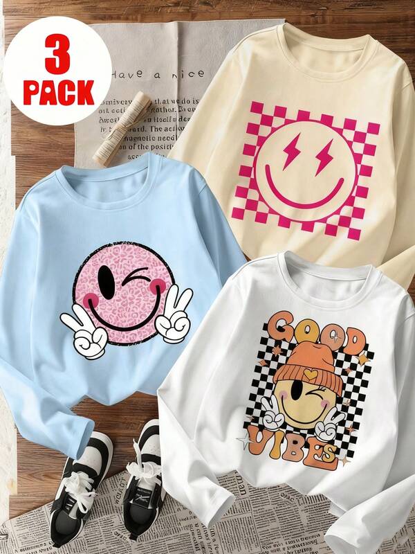 3 piezas Camisetas de manga larga con estampado para niñas preadolescentes, adecuadas para niñas preadolescentes en otoño/invierno, ropa para estudiantes jóvenes, adecuadas para exteriores y capas