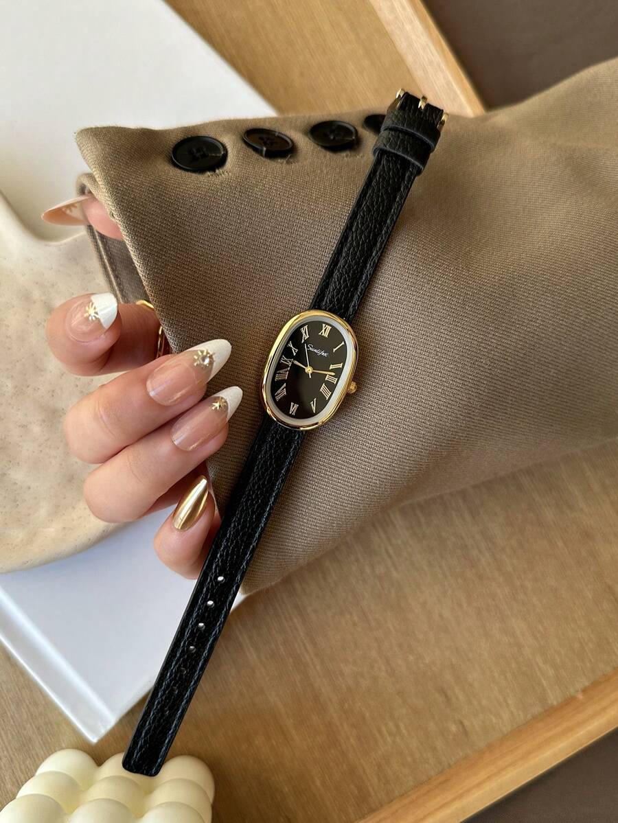 1pc Retro Style Adjustable Ieather Strap Quartz Women's Watch Compact And Perfect For Daily Wear Birthday Gifts - Black - View 1