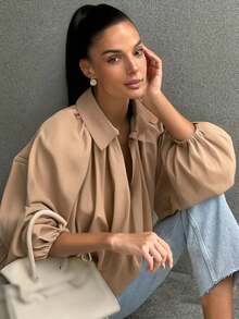 Chaqueta bomber oversize de color caqui para mujer - Chaqueta casual con cierre de cremallera y mangas largas - Caqui - Ver 4