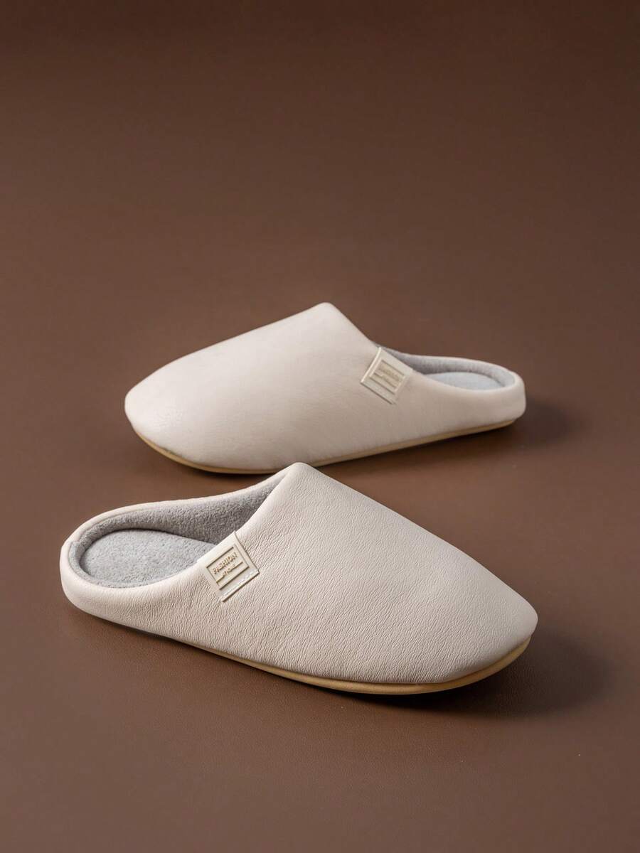 Men's Faux Leather House Slippers Plush Thermal Lined Memory Foam Indoor Shoes For Men, Non-Slip Comfort - Beige - View 1