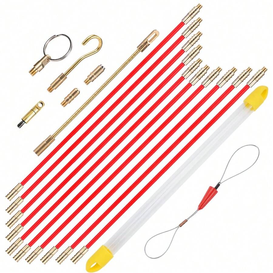 10Pcs 33/45CM Red Fiberglass Wire Cable Push Puller Running Rods Fish Pulling Kit Wall Electrical Wires With Hook Rods Tool