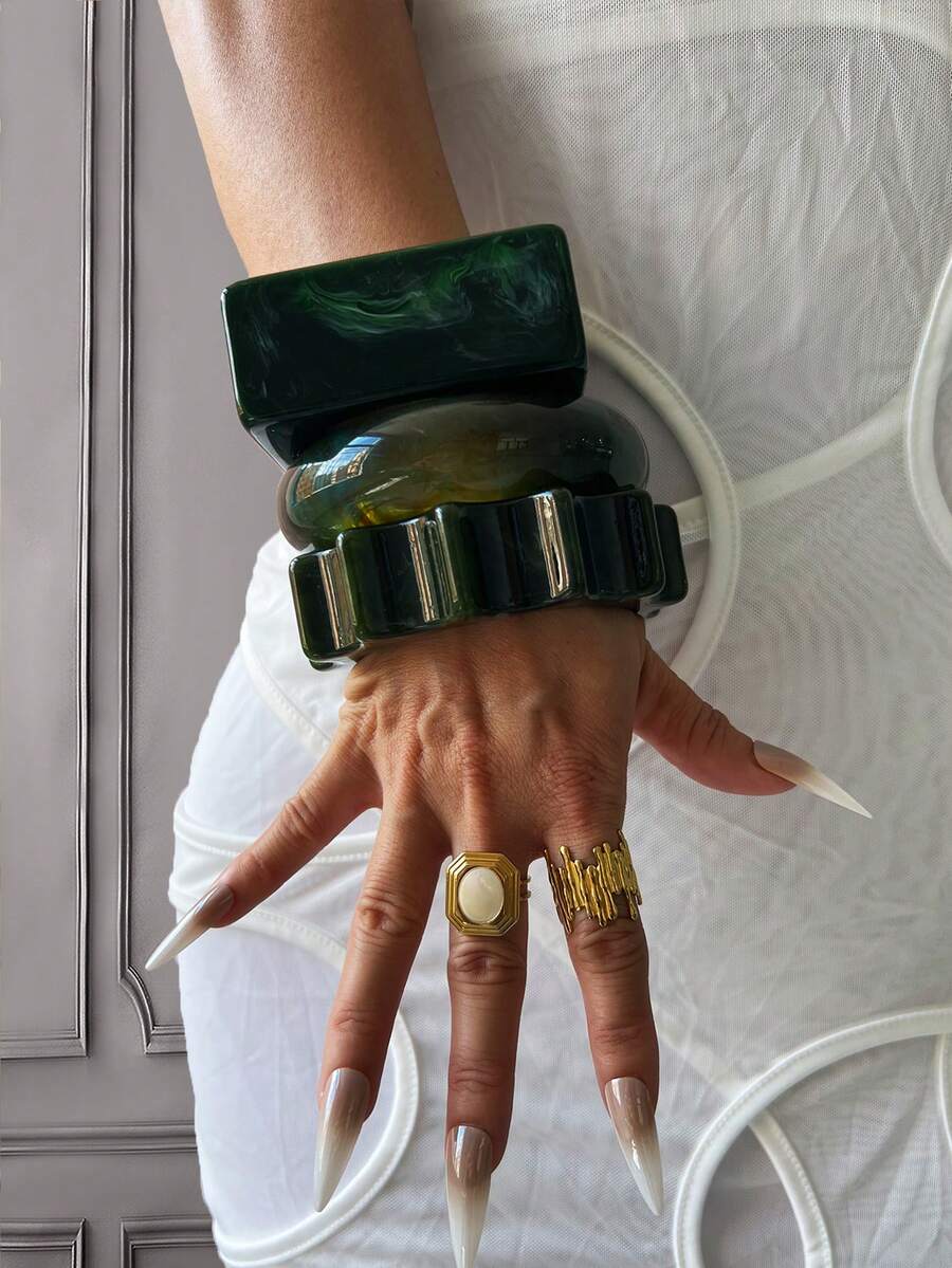 三件套手链，金手链，树脂手链，宽手链，厚手链，手链套装，宽手链，树脂手链，女士手链，送她的礼物 - 綠色 - 查看 1