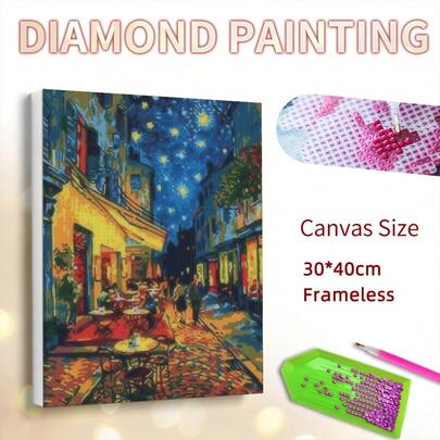 1pc Van Gogh Night Cafe Diamond Painting Kit Round Diamonds, Canvas Art For Home Decor, 11.8x15.7 Inches