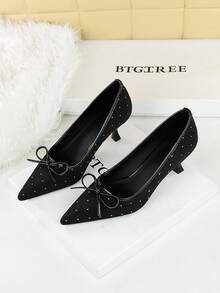 Giày cao gót mũi nhọn thắt nơ thời trang, giày dự tiệc gót trung gợi cảm dành cho nữ - màu đen - Xem 7