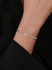 ELSEDES 1pc S925 Sterling Silver Handmade Geometric Studded Gemstone Bracelet, Showcasing Brilliant Charm, Quality Jewelry, Suitable For Women's Daily, Party, And Anniversary Outfits