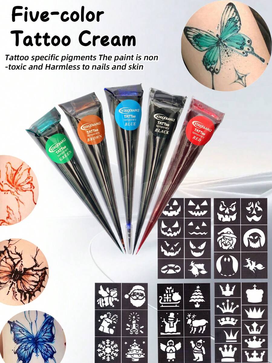 yikexuanli 5件套圣诞镂空图案模板 + 5色海娜纹身膏套装，色彩缤纷，设计多样，适用于面部点彩，防水半永久海娜纹身膏，男女皆宜，可用于临时纹身和人体彩绘。