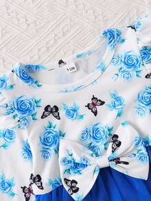 Đầm lưới dài tay họa tiết bướm hoa hồng xanh trắng phong cách công chúa cho bé gái, Xuân/Thu - Màu xanh lam - Xem 5