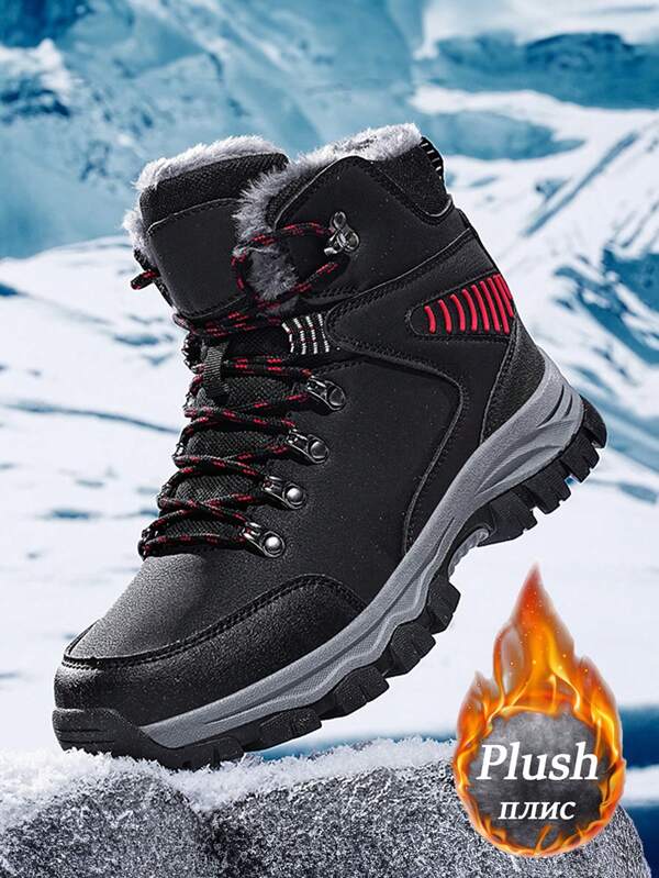 Men's Winter Snow Boots, Waterproof Fleece Lining Plus Size Sneakers, Outdoor Warm Hiking Shoes, Non-Slip Durable Soles, Black, Suitable For Cold Weather Daily Wear, Hiking, Trekking, Snow Walking