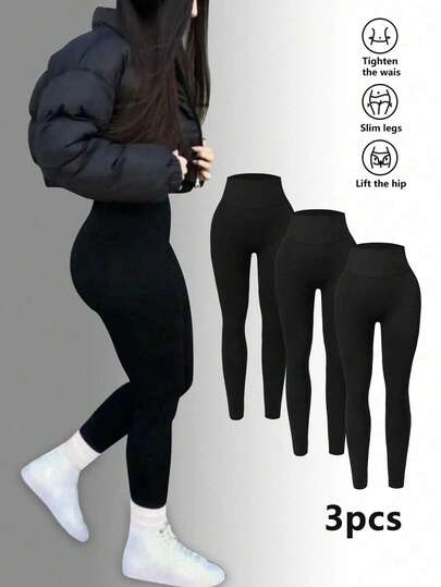 3 piezas Pantalones ajustados de gimnasia deportivos moldeadores multicolor que elevan la cadera y comprimen el abdomen para mujer pantalones base,leggins casuales para mujer,leggings,pantalones de mujer,pants de mujer