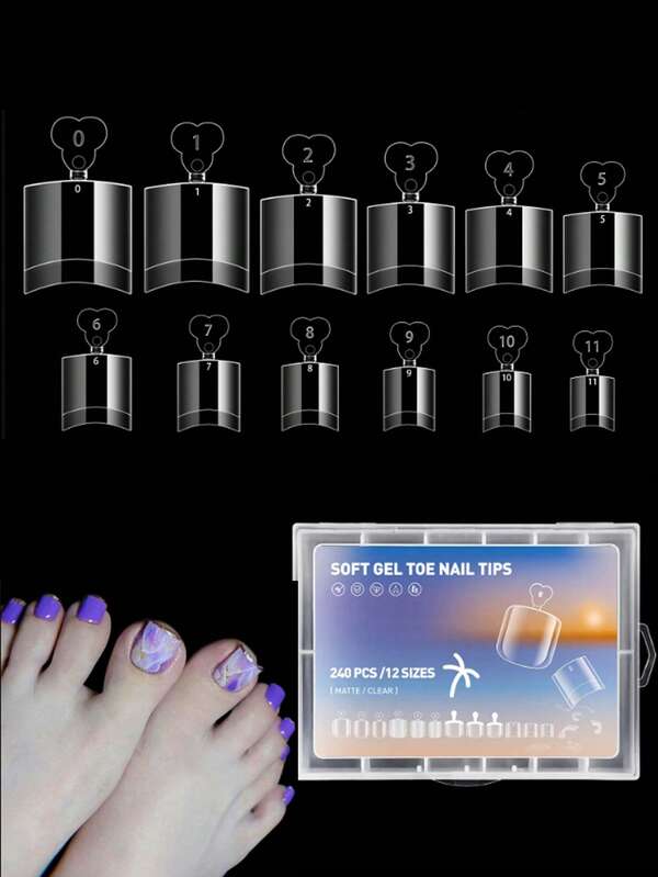240 pezzi Punte per unghie finte a mezza copertura, unghie finte per piedi trasparenti per estensione unghie acriliche, unghie quadrate corte da premere per donne e saloni di bellezza, codice M con 12 misure in confezione