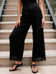 Womens Spring Fall Pants Lace Trim Casual Loose Fit Stylish Solid Color Mid Rise Straight-Leg Trousers - Black - View 2