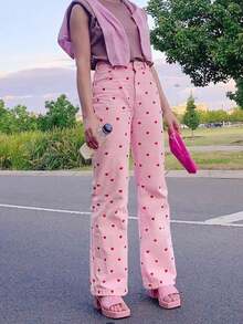 Pantalones de estilo europeo y americano, con elástico, ajustados, con patrón de corazón y piernas estrechas, para niñas