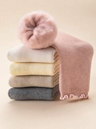 1/2/3/5 pares de calcetines térmicos forrados para mujer, calcetines de tripulación con borde festoneado, calcetines gruesos y cálidos para otoño/invierno con ajuste holgado. Paleta de colores básicos: negro, blanco, gris, rosa y albaricoque, calcetines hasta el tobillo.